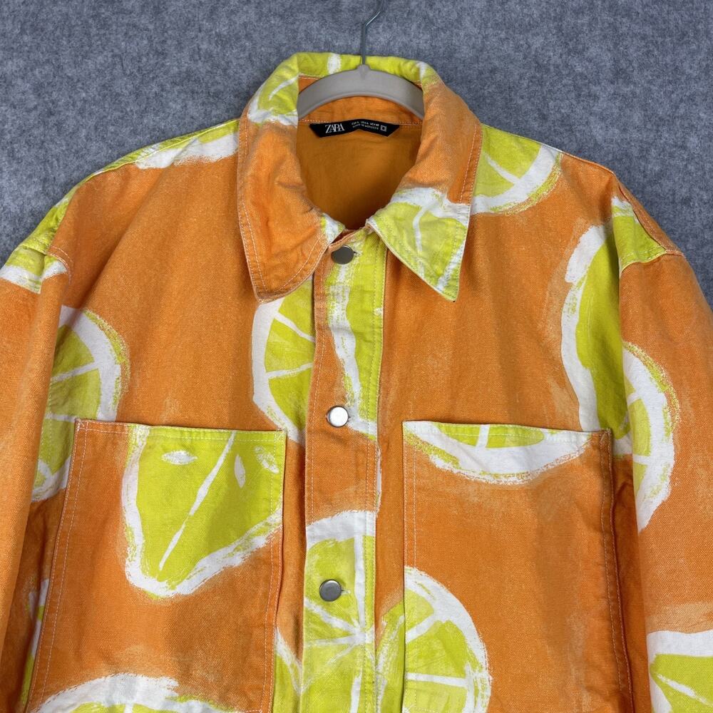Zara Denim Jacket Mens Large Orange Lemon Print Vibrant Festival Grunge Artsy - Picture 2 of 14